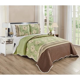 Grand Linen 3-Piece California Cal King Size Wave Edged Oversized Quilt Set 120 inch X 106 inch All Seasons XL Bedspread, Pillow Shams Lightweight Soft Coverlet Sage Green Brown Colors Floral Pattern