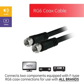GE RG6 Coax Cable, 50ft, F-Type Connectors, Screw-On Installation, No Tools Required, Black 33600