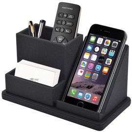 XNONE PU Leather Desk Organiser,Cell Phone Organizer,Office Desk Tidy Pen Holder for Cosmetic Brushes/Stationery/Remote Control/Business Card Holder,Desktop Multifunctional Decor Storage Box (Black)