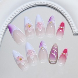 LWTZLW Purple French Tip Press on Nails Medium Almond False Nails with Flowers Design Full Cover Glue on Nail Reusable Acrylic Fake Nails Glossy Artificial Stick on Nail for Women