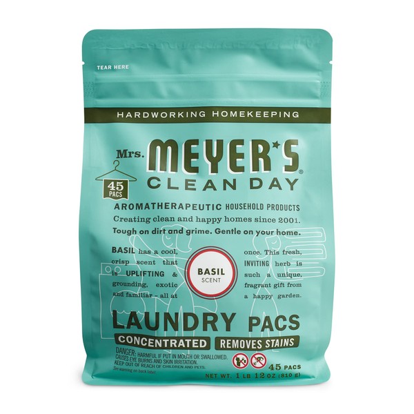 MRS. MEYER'S CLEAN DAY Laundry Detergent Pods, Biodegradable Formula, Ready to Use Laundry Pacs, Basil, 45 Count