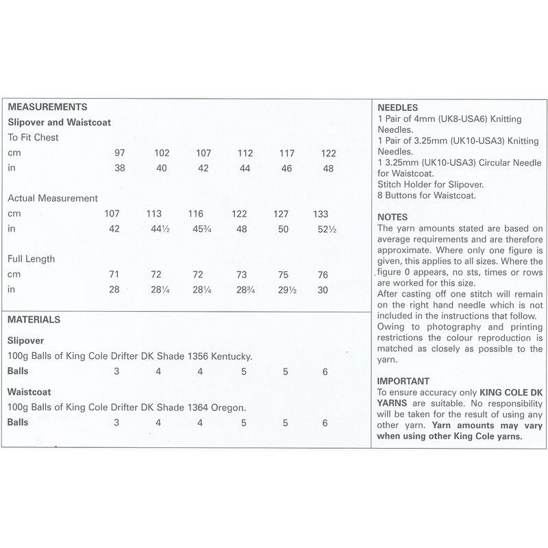 King Cole Mens Double Knitting Pattern Sleeveless Slipover & Waistcoat