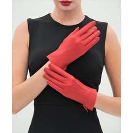 YISEVEN Women's Unlined Leather Gloves Italian Lambskin Three Points Long Cuff Design Hand Warm and Stylish Ladies Dress Driving Motorcycle Work Luxury New Year Gift, Red 6.5"/Small
