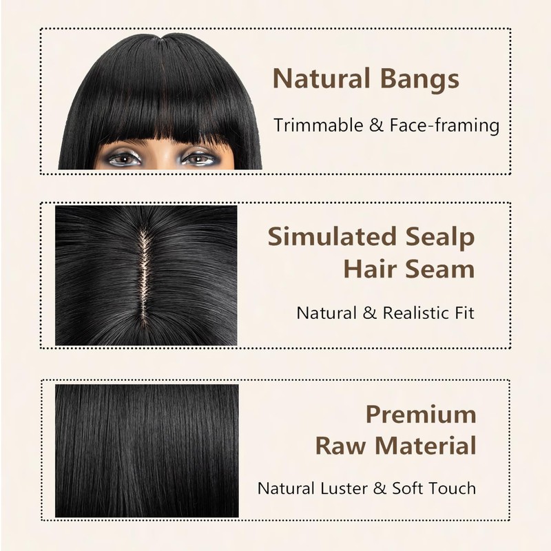 Amaattee Black Bob Wig with Bangs 12 Inch Short Straight