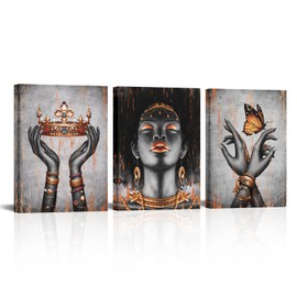 Visual Art Decor African American Canvas Wall Art Orange and Black Woman Portrait Fashion Black Girl Burnt Orange Bedroom Decor Framed Artwork for Home Living Room Decor (12inx16inx3Pieces)