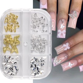 6 Grids Alloy Butterfly Nail Charms 3D Metal Butterfly Nail Gems Gold Silver Nail Art Charms Butterfly Rhinestones for Nails Supplies Women Girls DIY Acrylic Nail Manicure Jewelry Decorations