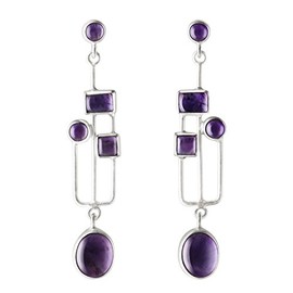Franki Baker Arts & Craft Style Amethyst Gemstones 925 Sterling Silver Drop Earrings Length: 5.5cm