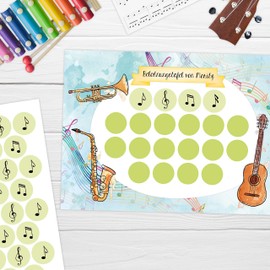 Papierdrachen Reward board set for children as tear-off pad, 10 sheets, motivational concept as educational aid, with great stickers for boys and girls, instrument motif set 12