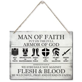 Printed Wood Plaque Sign Wall Hanging, Put on the Full Armor of God Quote Scripture Rustic Man Of Faith Hanging Wall Plaque Wood Signs, Ephesians 6:10-18 Christian Sign