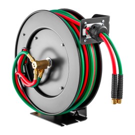 Happybuy Retractable Welding Hose Reel, 1/4-Inch x 50FT Twin Oxygen Acetylene Rubber Hose up to 300PSI - T Grade. Ceiling/Wall Mounted Heavy Duty Steel Hose Reel with Auto-Rewind Feature