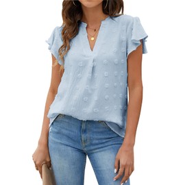 Blooming Jelly Womens White Blouse V Neck Ruffle Sleeve Flowy Shirts Dressy Casual Cute Summer Tops(Medium, Sky Blue)