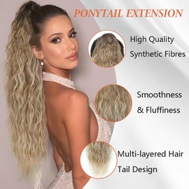 HEVAYO KISS Ponytail Extension 30Inch Claw Clip Hair Extensions Natural Fluffy Synthetic Long Wavy Clip in Ponytail Extensions for Women(Ombre Brown Mix Blonde)