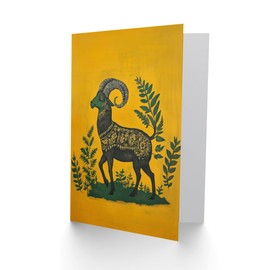 Artery8 Greeting Card Decorated Goat Spirit Yellow Green Folk Art Blank For Him Or Her Art Birthday Card
