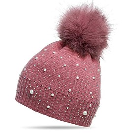 Caspar MU143 women's fine knit winter hat with fur bobble. - antique pink