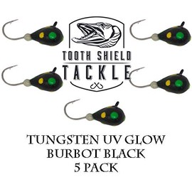 Tooth Shield Tackle UV Glow Tungsten Ice Fishing Jigs 5-Pack Rain Snow Tear Drop Jig Head Hooks Tip Up Tip Down 5mm (Burbot Black)