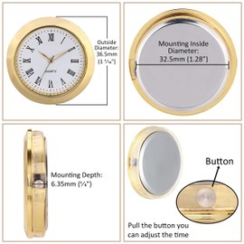 ShoppeWatch Mini Clock Insert Quartz Movement Round 1 7/16" (35mm) Miniature Clock Fit Up White Dial Gold Tone Bezel Roman Numerals CK096GD