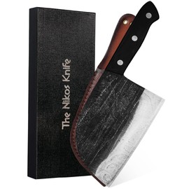 Serbian Chef Knife - 6.7 Inch Hand-Forged High Carbon Steel Full Tang Butcher Knife with Wood Handle - Razor Sharp Cooking Knife - Leather Sheath Included