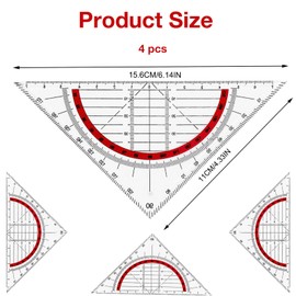 With Handle Plastic Set Square - Geometry Triangle Set for School and Office, Shatterproof, Transparent, Flexible, 4 Pieces Geometry Triangle, Flexible Set Square for Circles Drawing