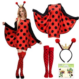 WELLXUNK Ladybird Costume Women, Ladybird Costume for Adults, Fancy Dress Costumes Women's Ladybird Costume with Headband, Leg Sleeves and Wings for Carnival Fancy Dress Cosplay