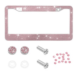 SHMZK Bling Car License Plate Frame, Handcrafted Rhinestone License Plate Frame with Glitter Screw Caps, Sparkly Bedazzled Diamond Stainless Steel License Plate Holder for Women (Light Pink)