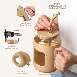 WINSA 50 oz Glass Water Bottles with Silicone Sleeve,Glass Tumbler with Lid and Straw,Iced Coffee Cup with Handle,BPA Free-Amber