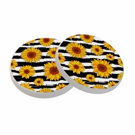oFloral Sunflower Coasters for Drinks Wavy Stripe Vibrant Summer Fall Cups Place Mats for Home Decor Set of 2, 4 Inch