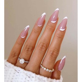 24Pcs Nude Press on Nails Short Almond LINMEIZAI with White French Tip Design Fake Nails Press ons Nail Glue on Nails Full Cover Acrylic Nail Tips Kit False Nails Stickers Nail Art for Women Manicure