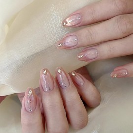 Nude Pink Press on Nails Medium Long Almond Gel Nails Press ons, SXVME 3D Handmade Fake Nails with Diamond Designs, Cute Acrylic Nails Natural Spring Glue on Nails Medium Oval False Nails 30Pcs