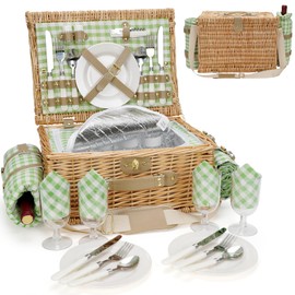 Picnic Basket for 4, Insulated Willow Picnic Baskets with Shoulder Strap, Picnic Hamper with Waterproof Picnic Blanket, Handmade Wicker Hamper for Outdoor Camping, GreenCheck