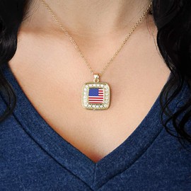 Inspired Silver - American Flag Gold Chain Necklace for Women - Square Pendant Chain Necklace Jewelry Gift with Cubic Zirconia - Women's Necklace Charm with Lobster Claw Clasp