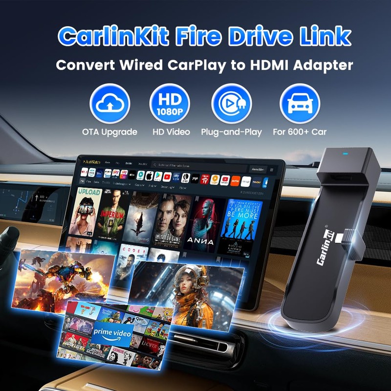 Carlinkit FireDrive Link Adapter – Konvertiert kabelgebundenes CarPlay zu HDMI,