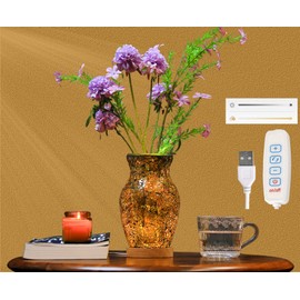 ZHIPINHUI 8-Inch Handcrafted Mosaic Cracked-Ice Vase Bedside Lamp with USB-Powered LED Wooden Base 10Brightness Levels&3Color Temperatures, Art Decor Amber-Brown&Gold Accents Vase Night Light for Home