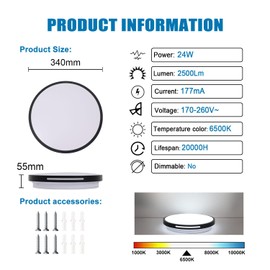 EXTRASTAR 24W LED Ceiling Light, 2500LM 192W Equivalent, Cool White 6500K Daylight Flush Mount Ceiling Lamp, 34cm Round Black Edge Ceiling Lighting Fixture, Non-Dimmable