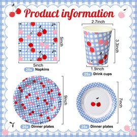 LemonRoad 100 Pieces Cherry Blue Gingham Paper Plates, Cups Napkins Set 25 Pcs 7" 25 Pcs 9" Scalloped Plates, 25 Pack 9oz Cups, 25 Pack 10"x10" Napkins for Parties, Picnics, Birthdays, Baby Showers