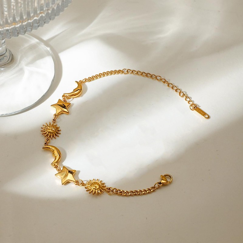 Gold Sun Moon Star Link Bracelet for Women Dainty Gold