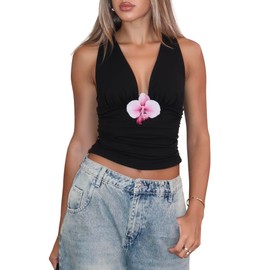 SHIPPOOOU Women’s Deep V Neck Ruched Crop Tank Top Sleeveless Orchid Design Backless Camisole Top