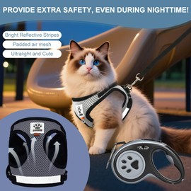 AUYAO Cat Harness with Lead, Cat Harness, Escape Proof Set of 3 with Cat Lead and 5 m Recall Lead, Adjustable Cat Lead for Cats and Kittens, Chest Harness, Cat Harness (Black, M)