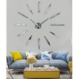 SIEMOO DIY Wall Clock, 3D Mirror Stickers Large Frameless Wall Clock Modern Design Watches Hours for Home Living Room Bedroom Office Decoration Gifts-Silver