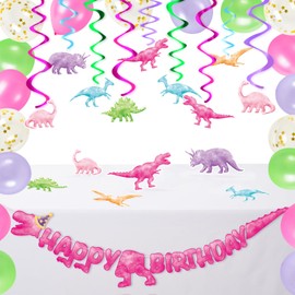 WERNNSAI Dinosaur Birthday Party Decorations - 65 PCS Dinosaur Birthday Party Supplies Happy Birthday Banner Ballons Hanging Swirls for Kids Girls Dino Birthday Party Decorations Pink