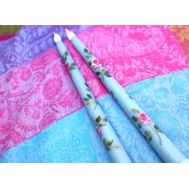 Romantic Decorative Light Blue Flameless Taper Candles with Hand Painted Pink Roses Battery Operated Tapered Candlesticks Goddess Arts Collection