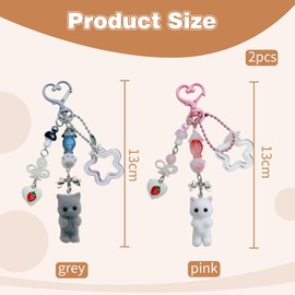 FloralGrace Pack of 2 Cute Pink and Grey Key Chains, Fluffy Cat Keychain, Aesthetic Y2K Key Chain, Stylish Accessories