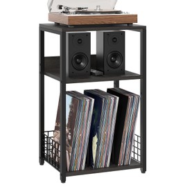 Large Rustic Grey Record Player Stand, 3 Tier 18" Wide Big End Table with Vinyl Storage Up to 130 Albums, Industrial Turntable Printer Tables, Modern Side Tables for Living Room, Office