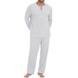 PrinStory Men's Pajama Set Soft Long Sleeve Shirts and Pants Loose Relaxing Warm Sleep Sets Light Gray S