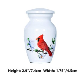 ICOKEE Red Cardinal Bird Small Keepsake Urn for Human Ashes or Pet Ashes - Aluminum Mini Cremation Urn for Ashes - White Memorial Ashes Holder - Set of 4 - with 4 Velvet Bags