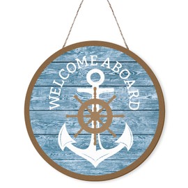 MOTERMATE Nautical Welcome Aboard Anchor Boat Sign Decor, Cruise Ocean Ship Round Front Porch Door Decor, Sailboat Blue Beach Themed Wall Hanging Decor, Boat Anchor Signs for Home Farmhouse,12x12 Inch