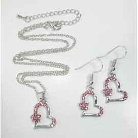 Fashion Jewelry N0183 Dainty Silver Color Pink Rhinestones Heart Love Pendant Necklace Earrings