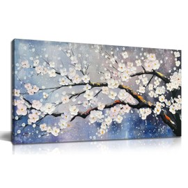 aburaeart Plum Blossom Painting Wall Art for Living Room Blue and White Wall Art for Office Women Modern Art Wall Decor Bedroom Size 20 x 40 Inch