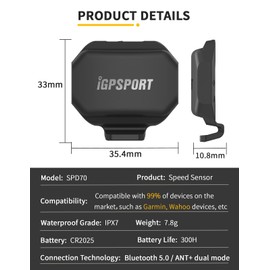 iGPSPORT SPD70 Bike Bicycle Speed Sensor, Wireless IPX7 Waterproof Bluetooth ANT+ Cycle Computer Distance Sensor