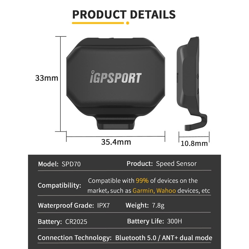 iGPSPORT SPD70 Bike Bicycle Speed Sensor, Wireless IPX7 Waterproof Bluetooth