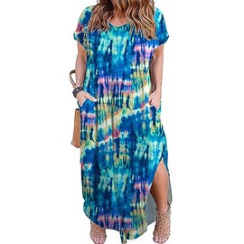 Plus Size Maxi Dress for Women Curve Casual Summer V Neck Short Sleeve Tiedye Loose fit Pockets Long Dress Blue